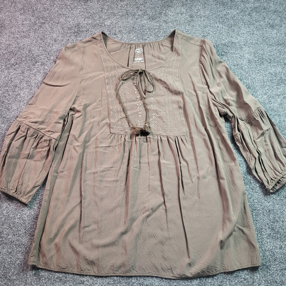 St Johns Bay Womens Brown Embroidered Boho Peasant Top Tassel Rayon Large